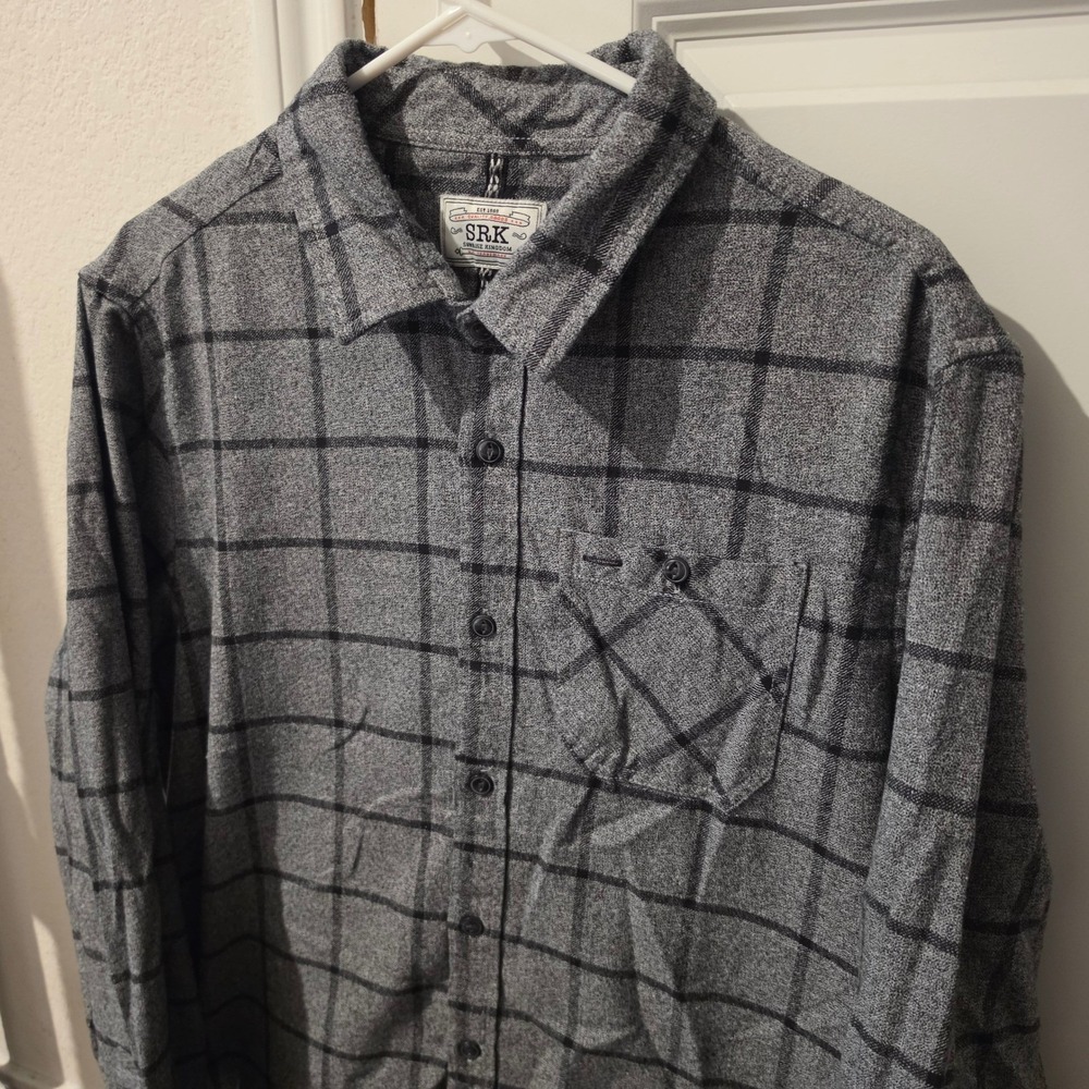 Sunrise Kingdom Mens Grey Black Windowpane Plaid Button Down Shirt Large L